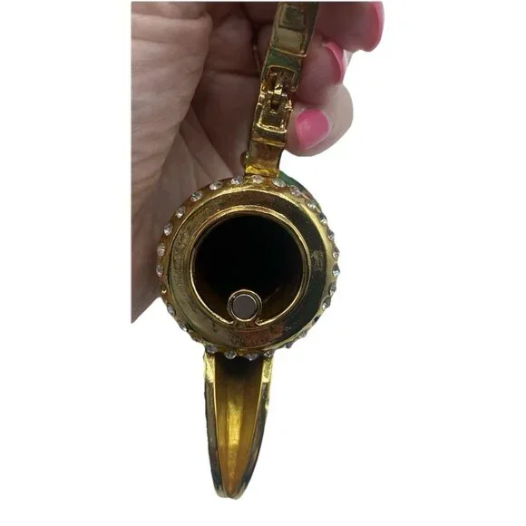 Signed Qifu Green Enamel Jeweled Arabian Nights Trinket  Stash Ring Vanity Box - Picture 9 of 12